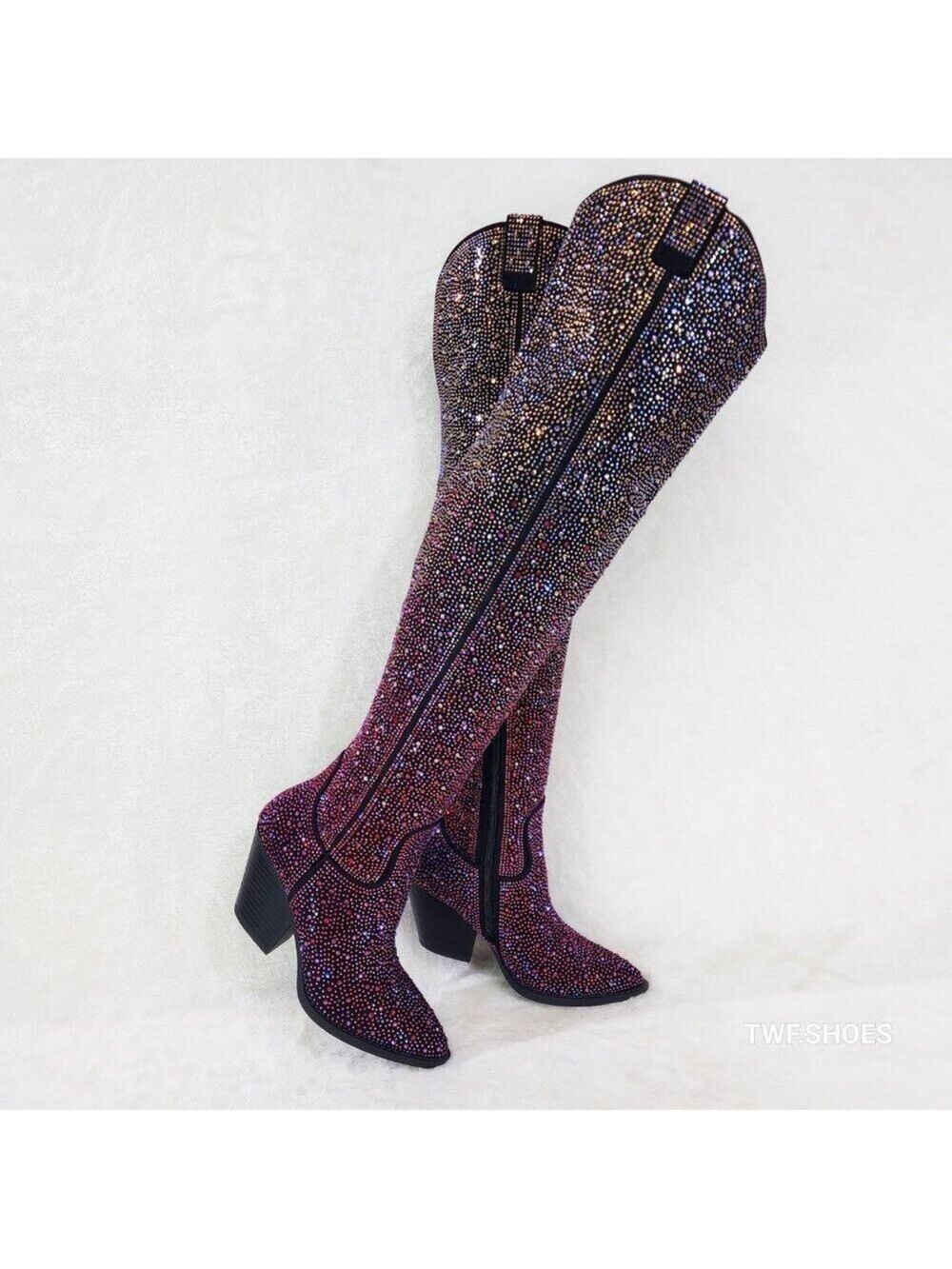 Country Glam Black Multi Color Rhinestone Disco Western Cowgirl Thigh High Boots